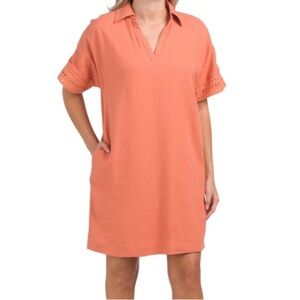 NWOT Elie Tahari Linen Blend Johnny Collar
Eyelet Trim Dress Sunrise Orange Sz M